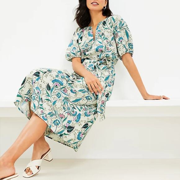 LOFT XXL Linen floral boho midi dress puff sleeve Cottagecore prairie - Picture 2 of 10